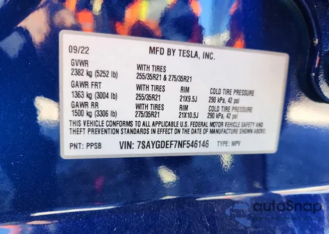 2022 Tesla Model Y z USA, uszkodzony, nr VIN 7SAYGDEF7NF546146